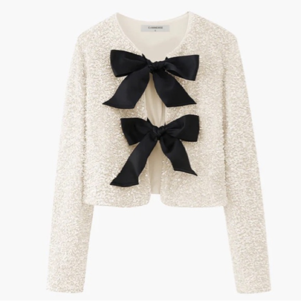 COMMENSE Cream Sequin Black Ribbon Bow Cardigan Jacket NWT - Picture 2 of 16